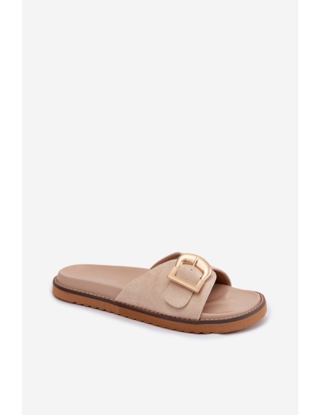 Women's Light Beige Slides With Gold Buckle Elviane