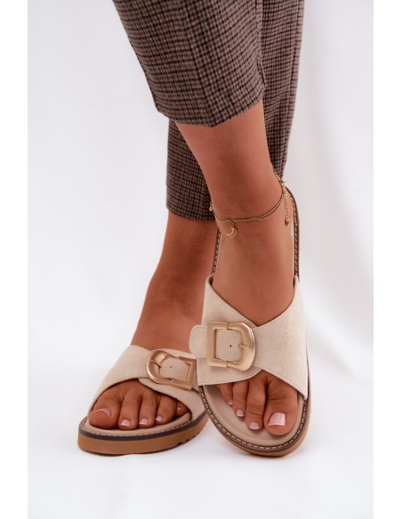 Women's Light Beige Slides With Gold Buckle Elviane
