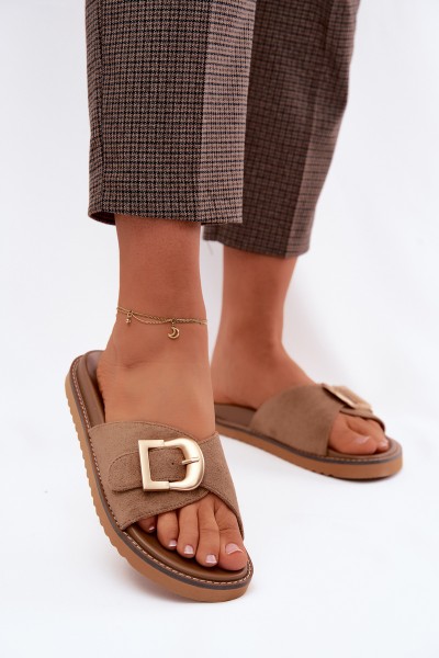 Women's Dark Beige Slides With Gold Buckle Elviane