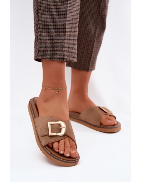 Women's Dark Beige Slides With Gold Buckle Elviane