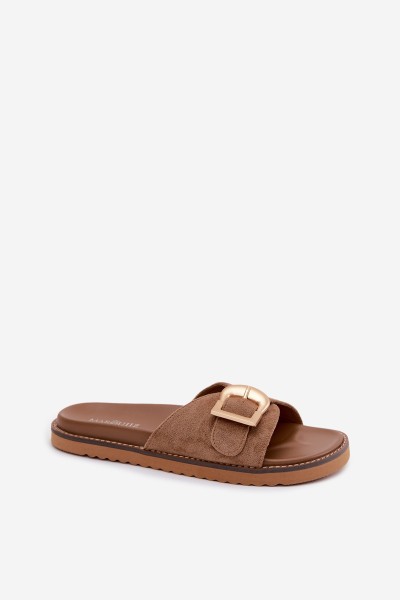 Women's Dark Beige Slides With Gold Buckle Elviane 2
