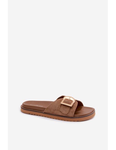 Women's Dark Beige Slides With Gold Buckle Elviane
