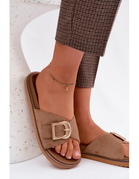Women's Dark Beige Slides With Gold Buckle Elviane