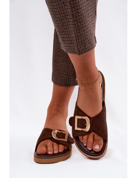 Women's Dark Beige Slides With Gold Buckle Elviane