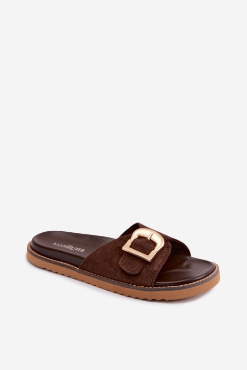 Women's Dark Beige Slides With Gold Buckle Elviane