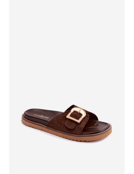 Women's Dark Beige Slides With Gold Buckle Elviane