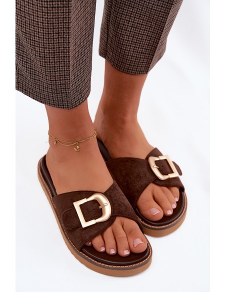 Women's Dark Beige Slides With Gold Buckle Elviane