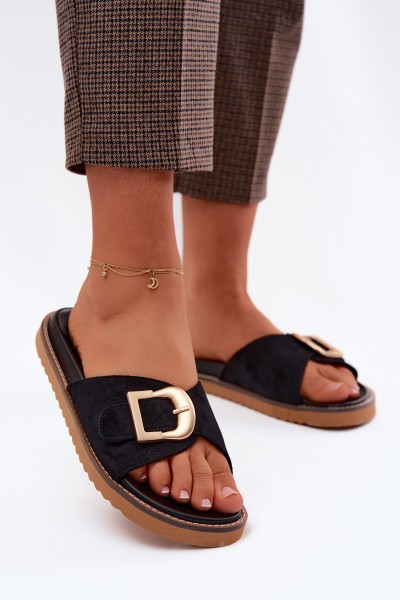 Women's Black Slides With Gold Buckle Elviane