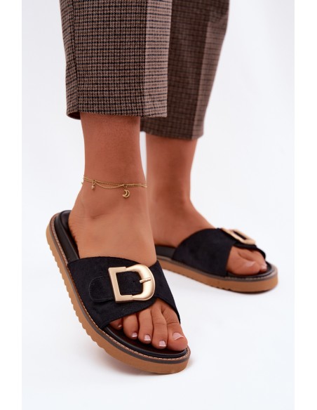 Women's Black Slides With Gold Buckle Elviane