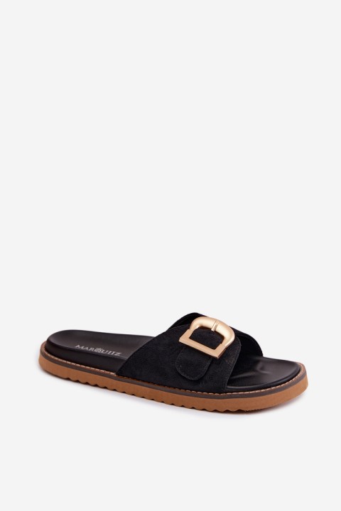 Women's Black Slides With Gold Buckle Elviane