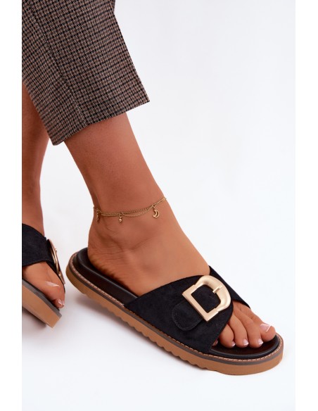 Women's Black Slides With Gold Buckle Elviane