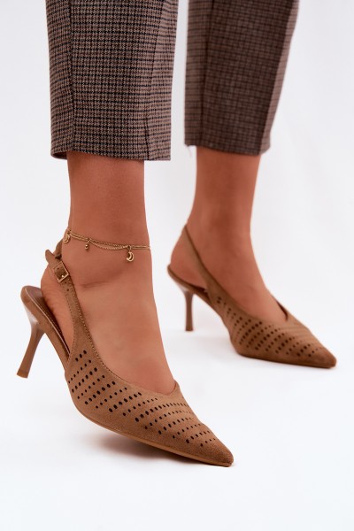 Women's Openwork Heeled Sandals Made of Faux Suede Light Brown Torielle