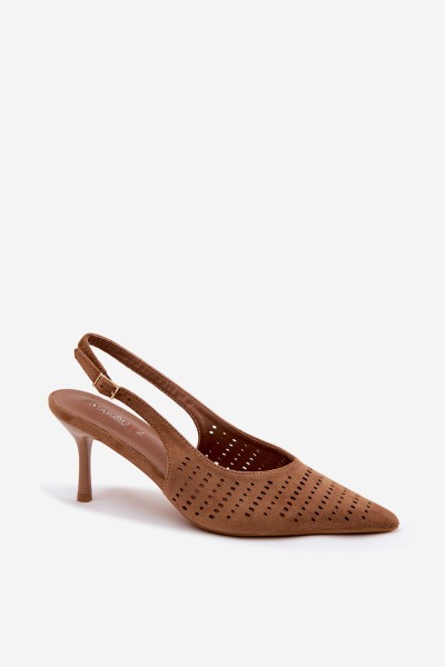 Women's Openwork Heeled Sandals Made of Faux Suede Light Brown Torielle 2