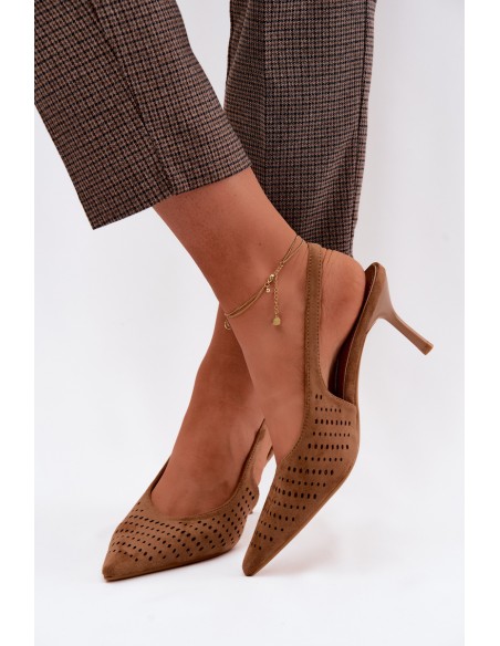 Women's Openwork Heeled Sandals Made of Faux Suede Light Brown Torielle