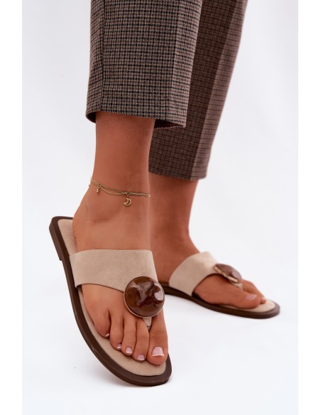 Women's Flat Flip Flops with Decoration Eco Suede Beige Selvessa