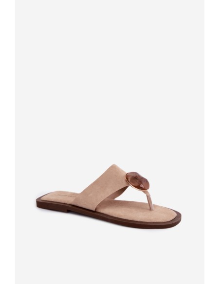 Women's Flat Flip Flops with Decoration Eco Suede Beige Selvessa