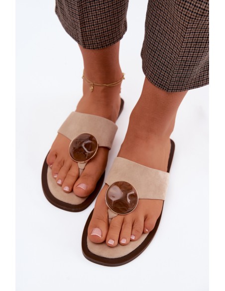 Women's Flat Flip Flops with Decoration Eco Suede Beige Selvessa