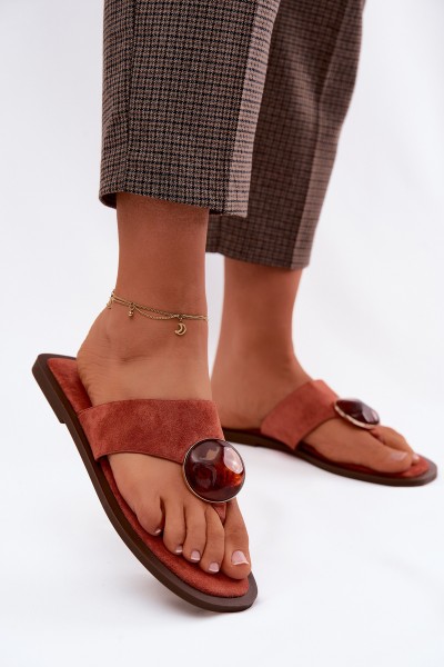 Women's Flat Flip Flops with Decoration Eko Suede Orange Selvessa