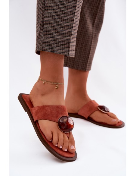 Women's Flat Flip Flops with Decoration Eko Suede Orange Selvessa