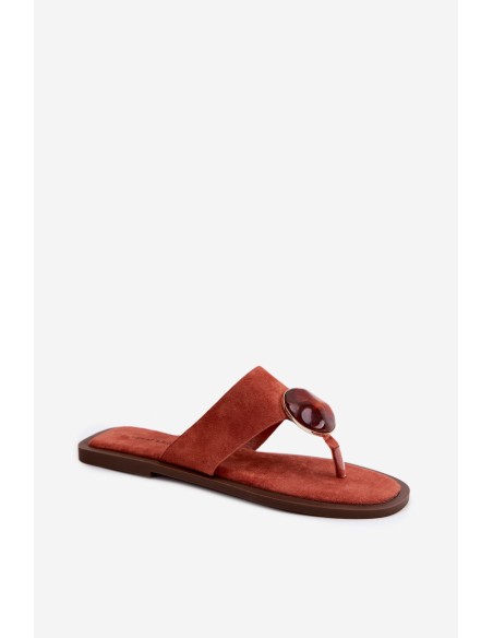 Women's Flat Flip Flops with Decoration Eko Suede Orange Selvessa