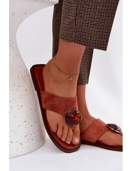 Women's Flat Flip Flops with Decoration Eko Suede Orange Selvessa