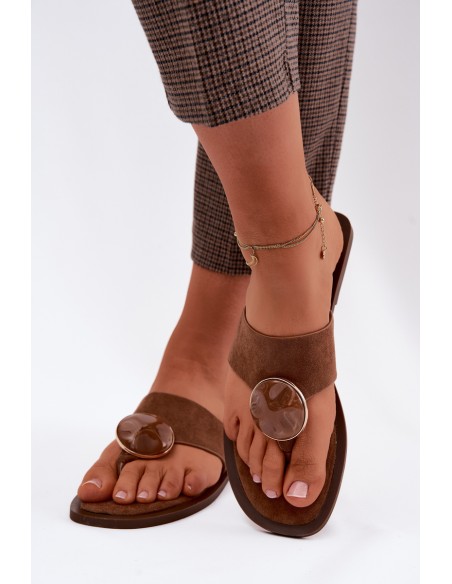 Women's Flat Flip Flops With Ornament Eco Suede Brown Selvessa