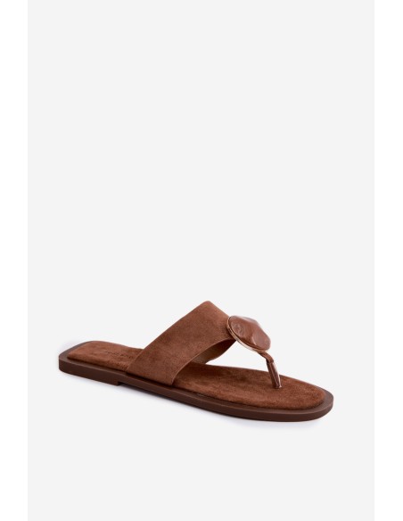 Women's Flat Flip Flops With Ornament Eco Suede Brown Selvessa
