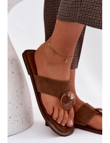 Women's Flat Flip Flops With Ornament Eco Suede Brown Selvessa