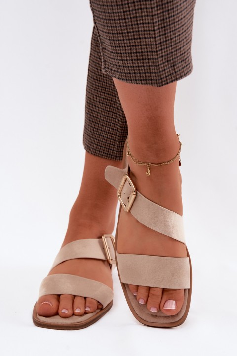 Women's Flat Sandals With Gold Buckle Beige Verissea