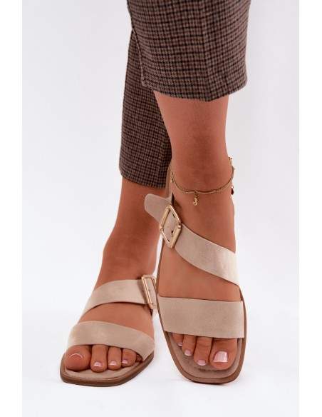 Women's Flat Sandals With Gold Buckle Beige Verissea