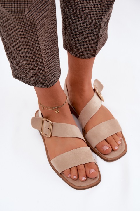 Women's Flat Sandals With Gold Buckle Beige Verissea