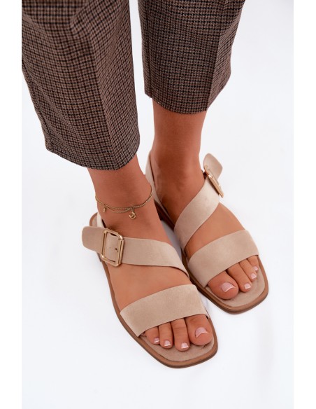 Women's Flat Sandals With Gold Buckle Beige Verissea