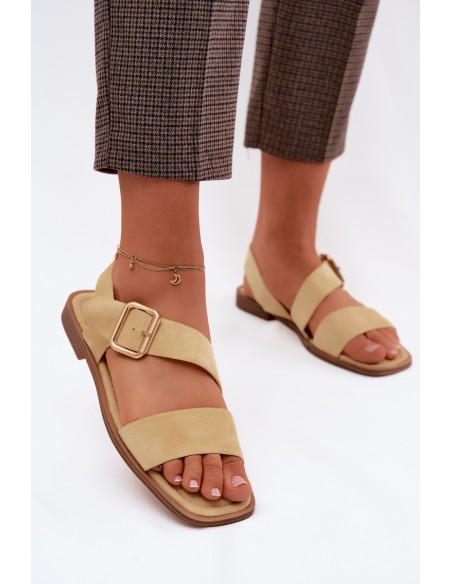 Women's Flat Heel Sandals With Gold Buckle Yellow Verissea