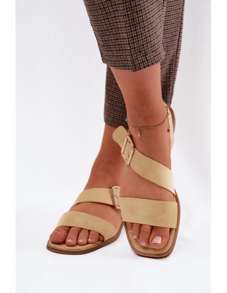 Women's Flat Heel Sandals With Gold Buckle Yellow Verissea