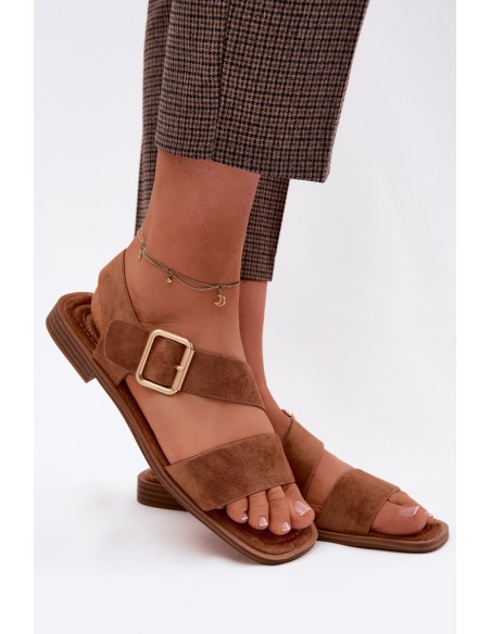 Women's Flat Heel Sandals With Gold Buckle Camel Verissea