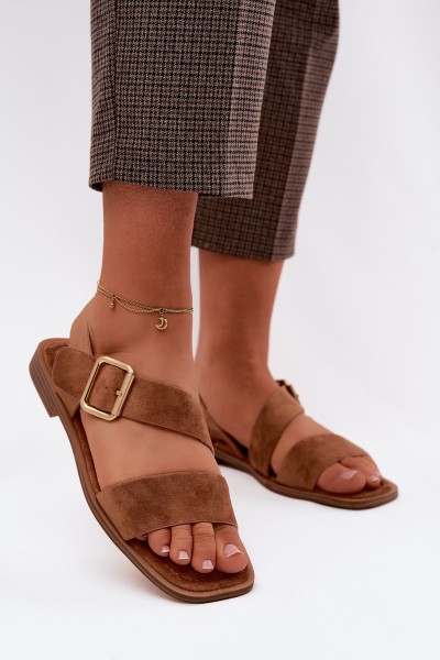 Women's Flat Heel Sandals With Gold Buckle Camel Verissea 2