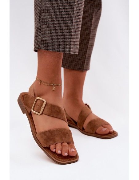 Women's Flat Heel Sandals With Gold Buckle Camel Verissea