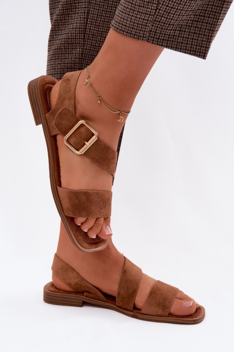 Women's Flat Heel Sandals With Gold Buckle Camel Verissea