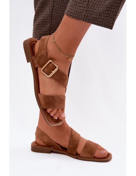 Women's Flat Heel Sandals With Gold Buckle Camel Verissea