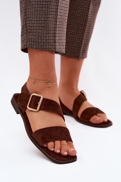 Women's Flat Heel Sandals With Gold Buckle Chocolate Verissea