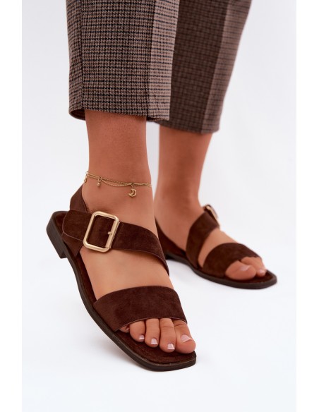 Women's Flat Heel Sandals With Gold Buckle Chocolate Verissea