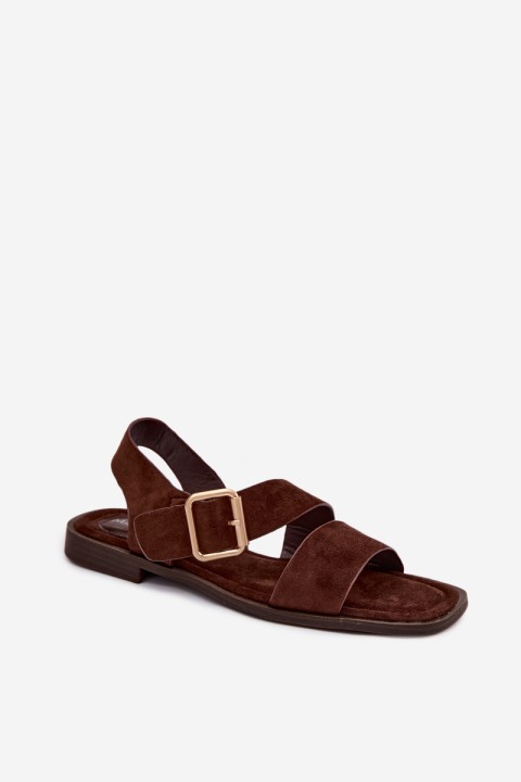Women's Flat Heel Sandals With Gold Buckle Chocolate Verissea