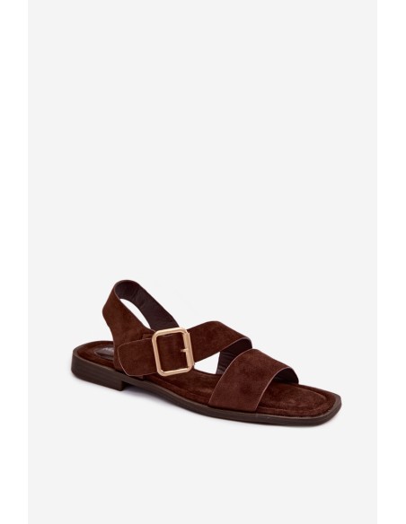 Women's Flat Heel Sandals With Gold Buckle Chocolate Verissea