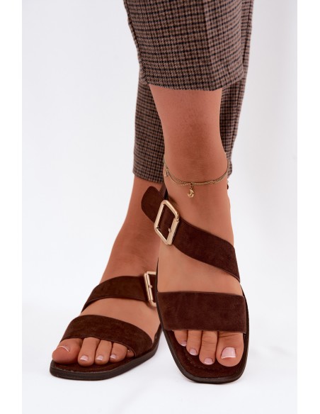 Women's Flat Heel Sandals With Gold Buckle Chocolate Verissea