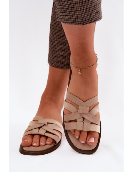 Women's Flat Slides With Straps Faux Suede Beige Calvia