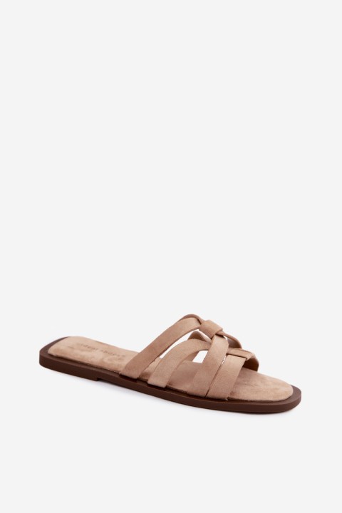 Women's Flat Slides With Straps Faux Suede Beige Calvia
