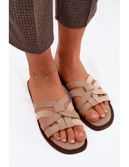 Women's Flat Slides With Straps Faux Suede Beige Calvia