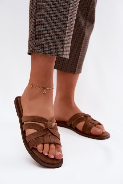 Women's Flat Sandals With Straps Faux Suede Brown Calvia