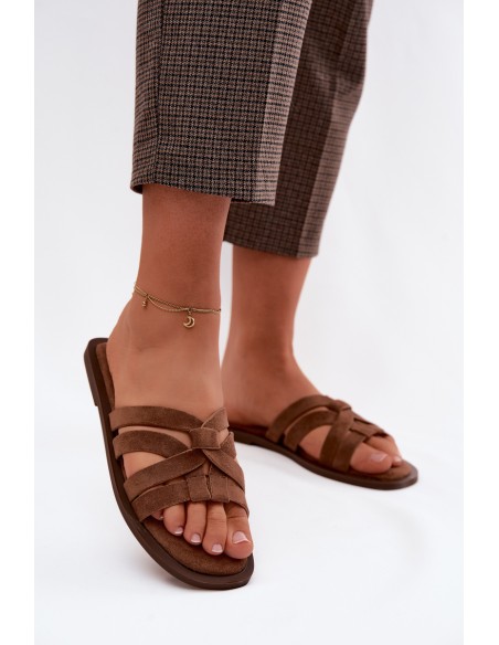 Women's Flat Sandals With Straps Faux Suede Brown Calvia