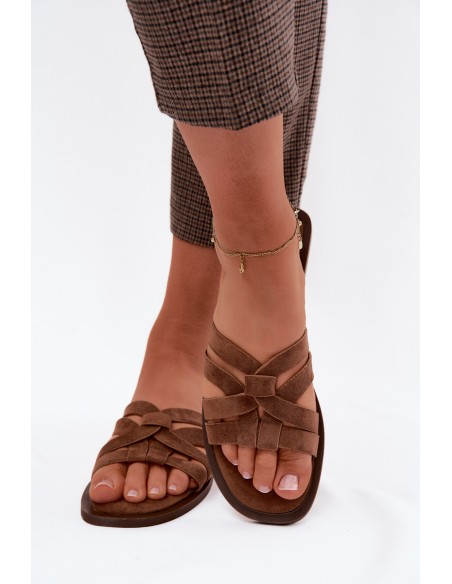 Women's Flat Sandals With Straps Faux Suede Brown Calvia
